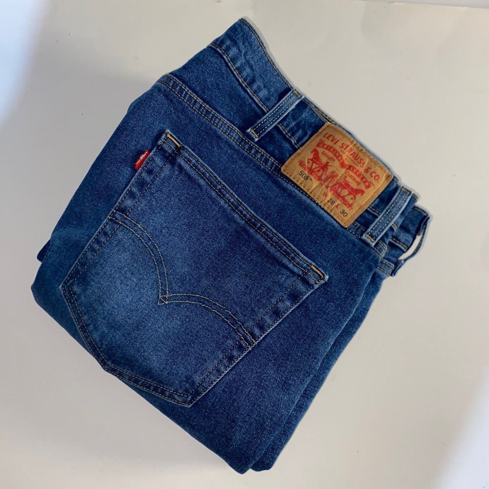 Levis 505 Regular Fit Jeans Mens 38x30 Medium Wash Blue Straight Leg WaterLess